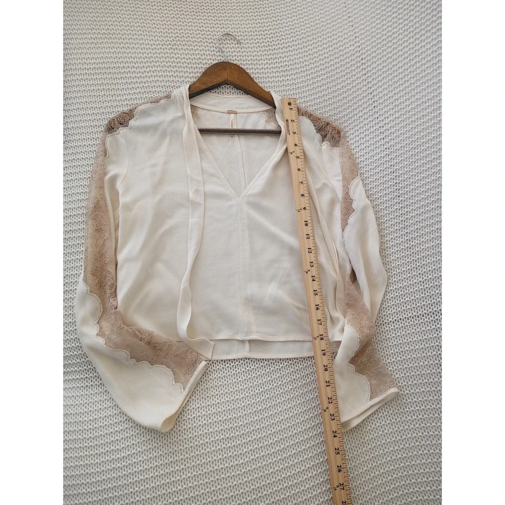 Free People Cream Lace Trim V-Neck Tie Front Blouse S Boho Ethereal Romantic Top